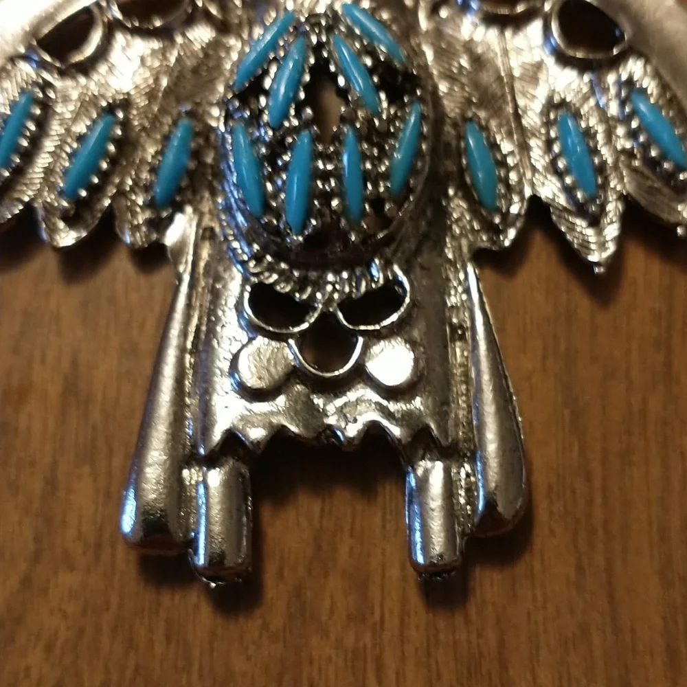 Vintage Southwestern Silver Tone Faux Turquoise Kachina Pendant - Picture 4 of 7